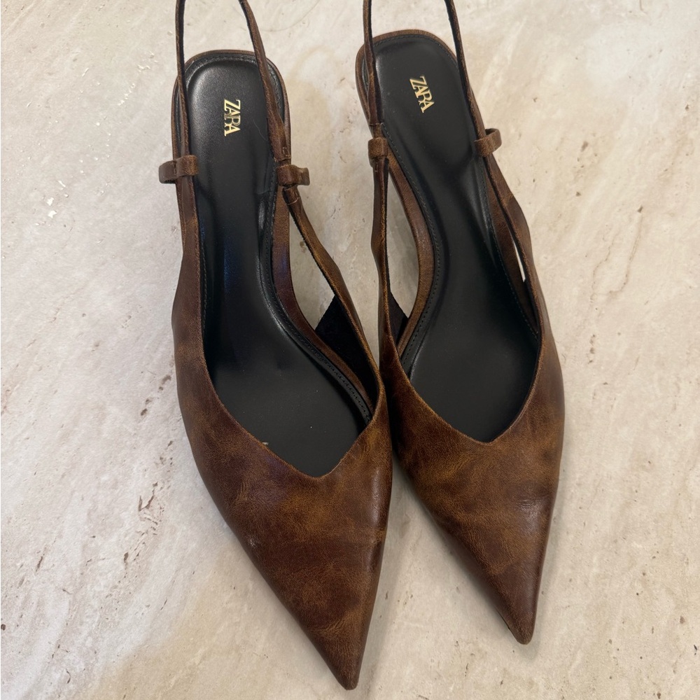 Zara Women's Tan Pointed Slingback Heels